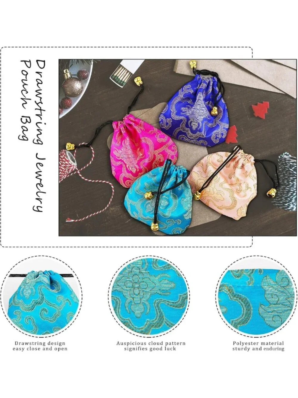 Embroidered Silk Brocade Drawstring Jewelry Pouch Bag - 30 Pcs Set
